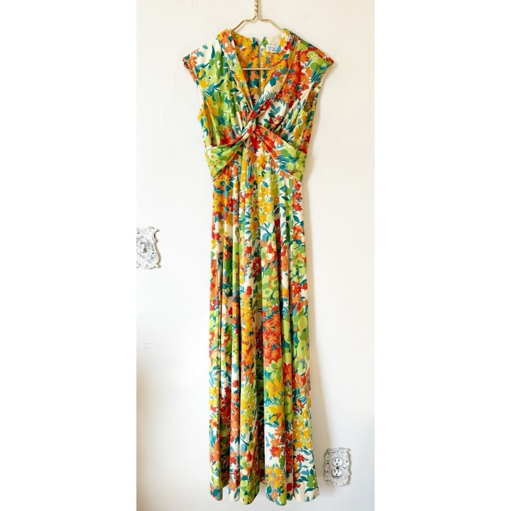Vintage 60s 70s Orange Green and Blue Floral Maxi Dress XS